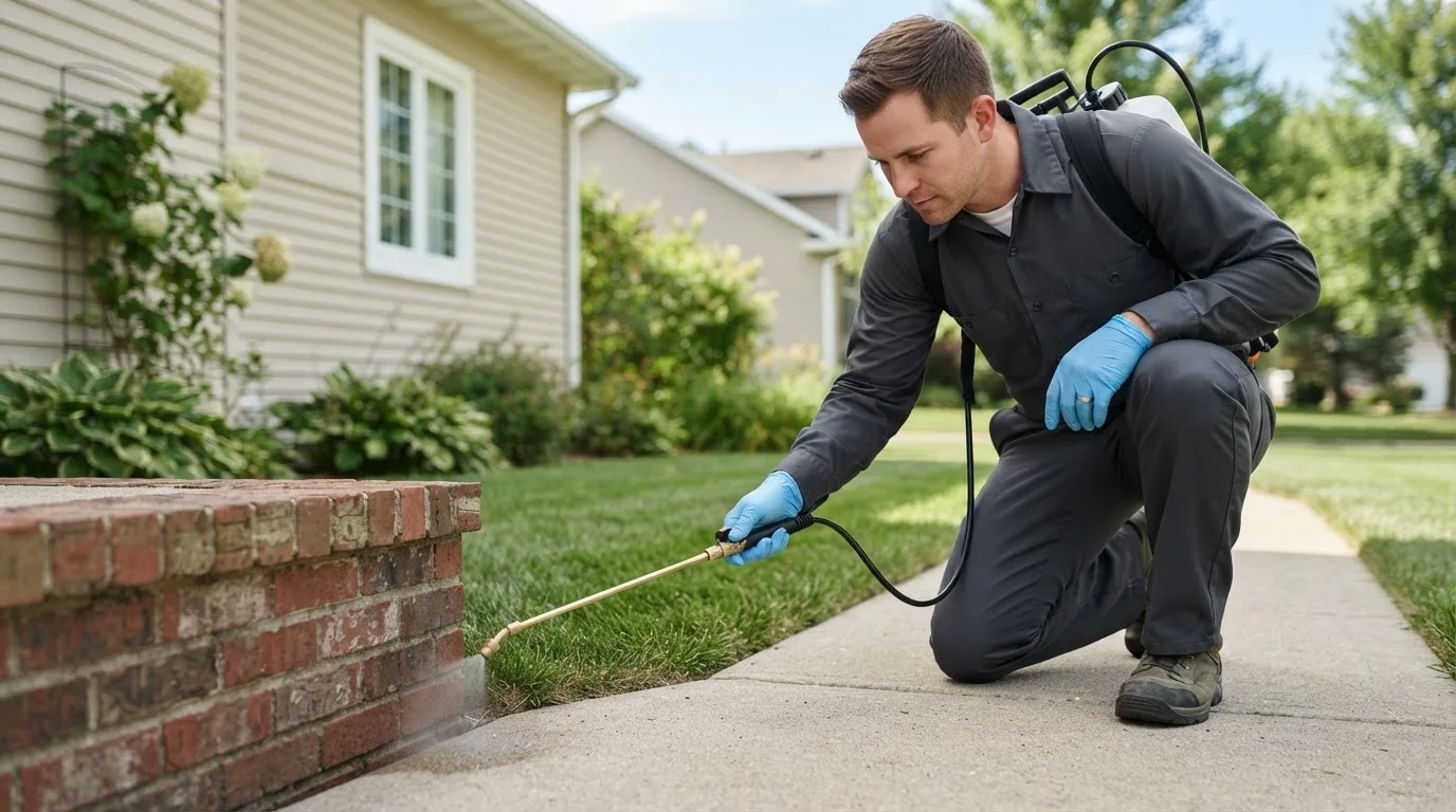 Pest control technician treating a home near Leonard, MN