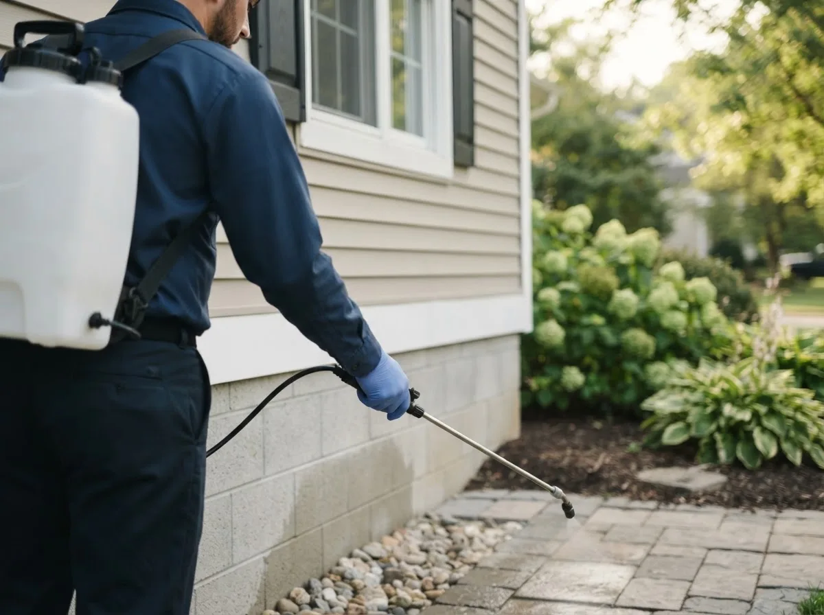 Pest control technician inspecting a home in Leonard, MN